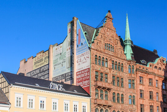 Malm&ouml;, Sweden - July 25, 2022: Apoteket Lejonet on stortorget square, oldest pharmacy in Sweden and painted advertising