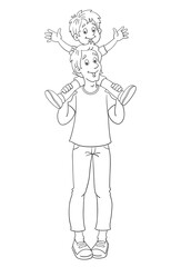 Happy family. Father with a little son on his shoulders. Black and white contour picture. In cartoon style. For coloring book. Vector illustration.