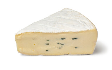Piece of German Cambozola, blue brie cheese on white background close up
