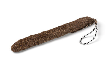 Traditional Catalan sausage, fuet, covered with black pepper on white background