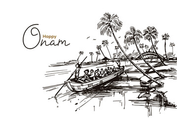 Happy Onam Background vector with Boat race illustration art 