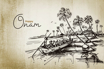 Kerala onam boat race vector art illustration  - obrazy, fototapety, plakaty