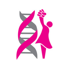DNA helix and abstract pink woman with raised fist