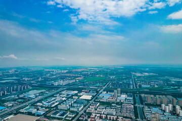 Aerial shot of city high-rise in the evening