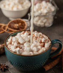 Cup of tasty cocoa drink and marshmallows in blue cup.Spices and marshmallows for winter drinks on black texture table.Winter hot drink.Hot chocolate with marshmallow and spices.Copy space.