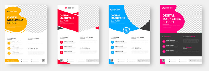 Corporate business flyer template design set with blue, magenta, red and yellow color. marketing, business proposal, promotion, advertise, publication, cover page. 