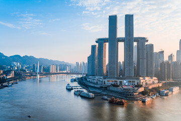 Fototapeta premium High angle view of sunny day scenery of Chaotianmen Wharf in Chongqing, China