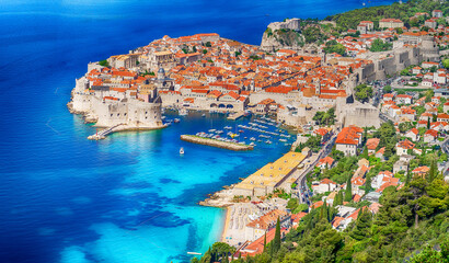 Landscape with harbour and old town of Dubrovnik, Croatia - obrazy, fototapety, plakaty