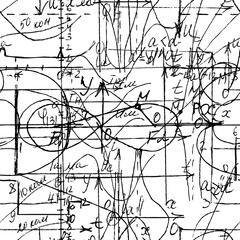 Mathematical seamless texture with handwritten math, algebra and geometry formulas and graphs, functions, calculations and operations. Vector.