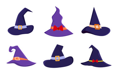 Set of Witch hats, different witch hats, Halloween decorative element, Festive costume for Halloween