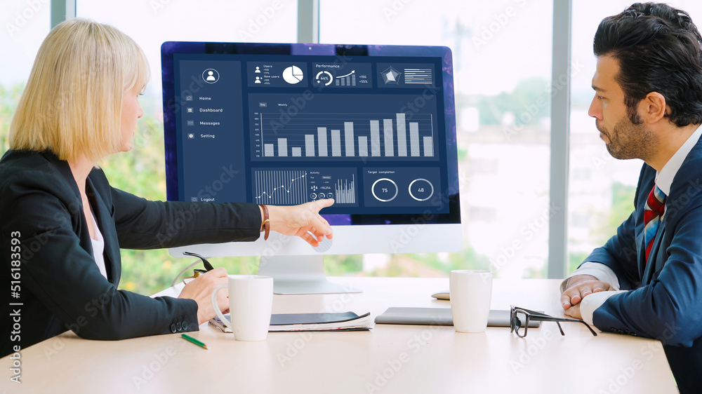 Poster business data dashboard analysis by ingenious computer software . investment application display bus