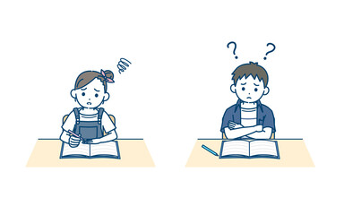 問題が難しい　わからない　苦手　子供　男の子　女の子　勉強　授業　宿題　イラスト