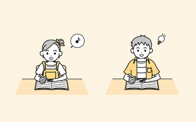 勉強をする子供　男の子　女の子　授業　宿題　学習　楽しい　理解　イラスト