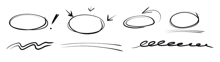 Highlight oval frames, marker arrows, underlines lines. Hand drawn scribble doodle circle set. Ovals and ellipses line template. Stock vector illustration isolated on white background.