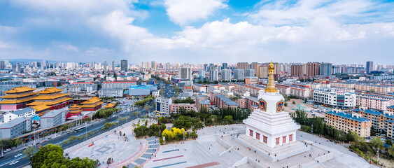 Cityscape of Guanyin Temple and Baoerhan Pagoda in Hohhot, Inner Mongolia