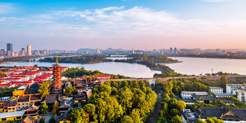 Aerial photography of morning scenery of Jiming Temple in Nanjing, Jiangsu Province, China © Govan