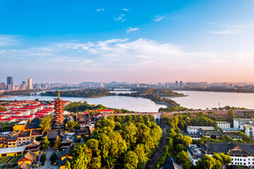 Aerial photography of morning scenery of Jiming Temple in Nanjing, Jiangsu Province, China