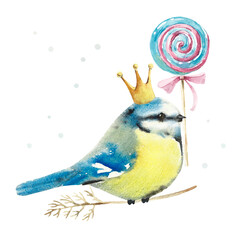 Bird on a branch in winter. Pattern with titmouse in the crown. Christmas postard. Watercolor hand drawn illustration