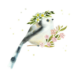 Bird on a branch with flowers. Decoration with wildlife scene. Spring Pattern. Watercolor hand drawn illustration