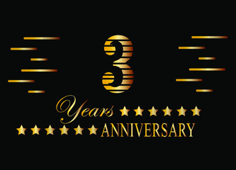 3 Years anniversary logo golden colored isolated on black background. Vector for special date and birthday.