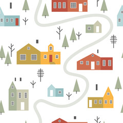 Seamless winter pattern with scandinavian village in flat style