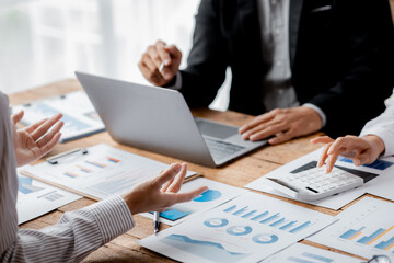 Groups of people joining in discussions, business meetings, startup company sales team meetings, brainstorming and summary of company performance. Business strategy management concept.