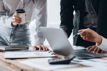 Groups of people joining in discussions, business meetings, startup company sales team meetings, brainstorming and summary of company performance. Business strategy management concept.