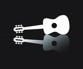acoustic guitar vector icon, silhouette with mirror reflection. Isolated on black background.