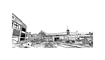 Building view with landmark of Nashua is a city in southern New Hampshire. Hand drawn sketch illustration in vector.