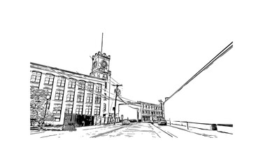 Fototapeta premium Building view with landmark of Nashua is a city in southern New Hampshire. Hand drawn sketch illustration in vector.