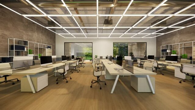 Interior Empty Modern Loft Office open space modern office footage.Modern open concept Lobby and reception area meeting room design.3d Rendering  interior walk through.