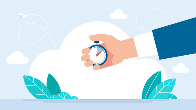 Time management concept. Businessman hand holding stopwatch or clock. Deadline, punctuality. Time control, planning. Timer and punctuality, deadline stopwatch. Vector illustration flat design.