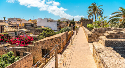 View of the old town of Alcudia from the walls of the Porta del Moll fortress, Majorca island.