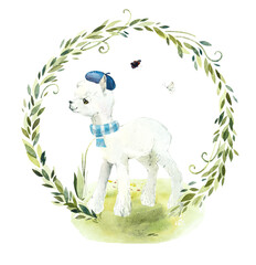 White Alpaca. Composition in a wreath. Decoration with wildlife scene. Watercolor hand drawn illustration