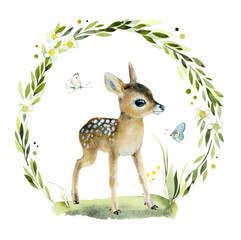 Deer cub. Composition in a flower wreath. Watercolor hand drawn illustration.
