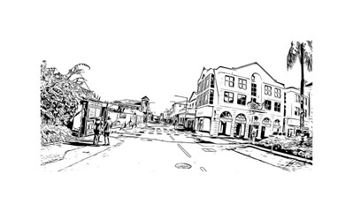 Building view with landmark of Nassau is the 
capital in Bahamas. Hand drawn sketch illustration in vector.