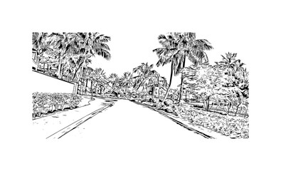 Obraz premium Building view with landmark of Nassau is the capital in Bahamas. Hand drawn sketch illustration in vector.
