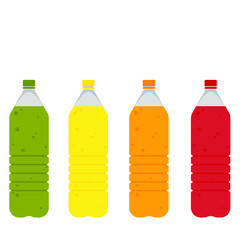 Set of Color plastic bottles of juice or soda with glasses and cans. Package design. Tasty drink, bottled lemonade or juice and cans. Vector illustration

