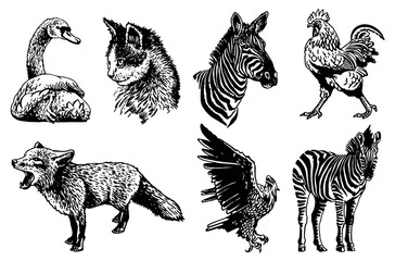 Vector set of wild and domestic animals isolated on white, graphical drawing