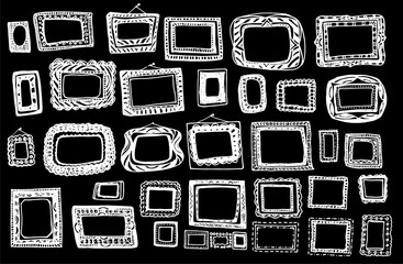 The frames are empty vintage. A large set of isolated vector frames, hand-drawn in doodle style with a white line on a black rectangular background of lines and dots with empty space inside for text. 