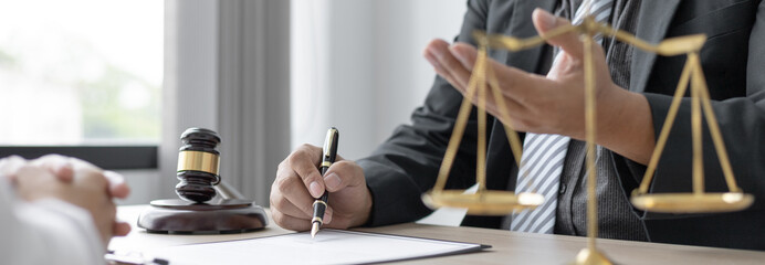 Attorney or judge provides legal advice to the client in the courtroom, Ethics in the courts include justice and impartiality, legal consultant, scales of justice, law hammer, Litigation and justice.