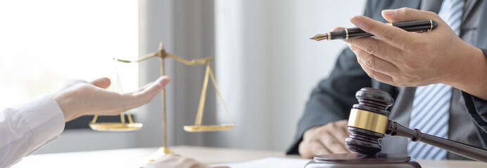 Attorney or judge provides legal advice to the client in the courtroom, Ethics in the courts include justice and impartiality, legal consultant, scales of justice, law hammer, Litigation and justice.