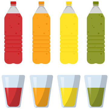 Set of Color plastic bottles of juice or soda with glasses and cans. Package design. Tasty drink, bottled lemonade or juice and cans. jpeg image jpg illustration

