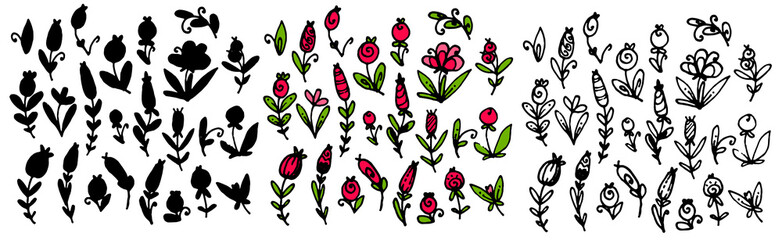 a set of vector cute patterned twigs with red fruits, berries and green leaves with a black outline and silhouette options on white, hand-drawn plants in the style of a doodle, for a textile design te