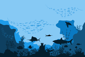 silhouette of coral reef with fish  on blue sea background underwater vector illustration