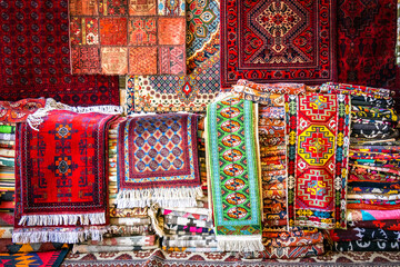carpets in the market, bazaar, uzbek, Uzbekistan, Buchara, Buxoro, Bukhara, Uzbekistan, silk road, central asia - obrazy, fototapety, plakaty