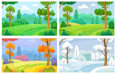 Fototapeta premium Set of park backgrounds in four seasons: winter, spring, summer, and fall. Landscape view of a park, forest with meadows or fields at different parts of the year. Cartoon style vector illustration.