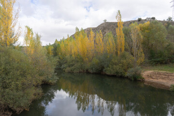 The Duero river near Soria with some trees already in late autumn with yellow leaves. Soria, Spain