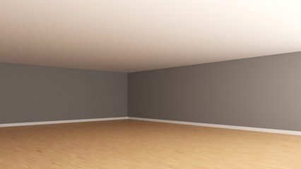 Corner of the Interior with Grey Walls, White Ceiling, Light Parquet Flooring and a White Plinth. Unfurnished Empty Room. Perspective View. 3D Render, Ultra HD 8K, 7680x4320, 300 dpi