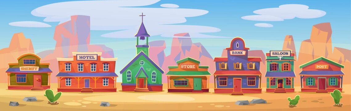 Wild west town background. Landscape view of a row of buildings: church, sheriff, hotel, post, store, bank, saloon. Background for the western game. Cartoon style vector illustration.